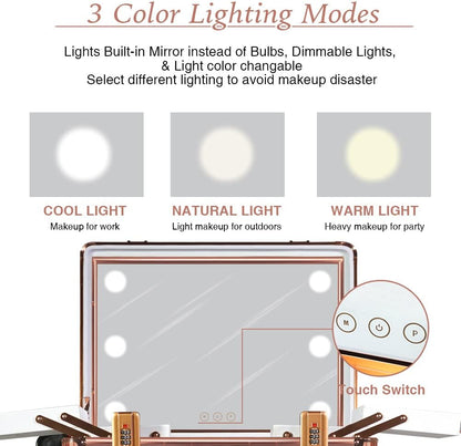 Medium Makeup Train Case with Code Lock, Lighted Mirror, Speaker Travel Cosmetic Organizer Box, Professional Artist Trolley Studio Free Standing Case