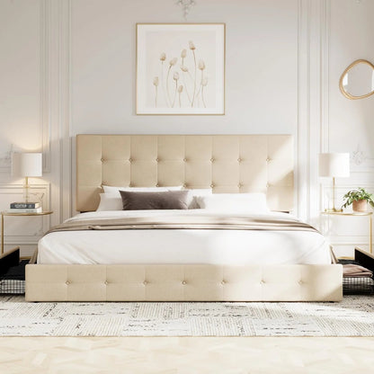 Allewie Upholstered Queen Size Platform Bed Frame with 4 Storage Drawers and Headboard, Square Stitched Button Tufted, Mattress Foundation with Wooden Slats Support, No Box Spring Needed, Light Grey