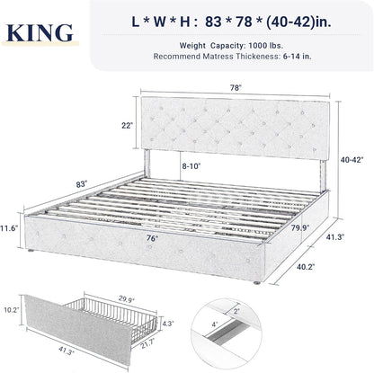 Allewie Upholstered Queen Size Platform Bed Frame with 4 Storage Drawers and Headboard, Square Stitched Button Tufted, Mattress Foundation with Wooden Slats Support, No Box Spring Needed, Light Grey