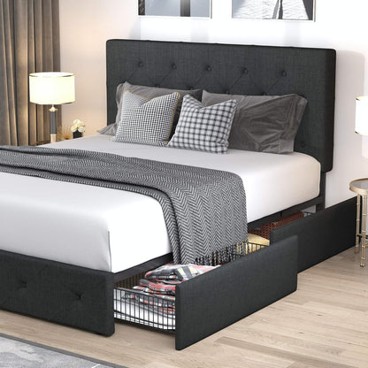 Allewie Upholstered Queen Size Platform Bed Frame with 4 Storage Drawers and Headboard, Square Stitched Button Tufted, Mattress Foundation with Wooden Slats Support, No Box Spring Needed, Light Grey