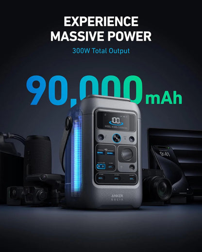 Anker Power Bank Station SOLIX C300 DC (90,000mAh), 288Wh, Portable Power Station, 300W Solar Generator, LiFePO4 Battery, Generators for Home Use, for Outdoor Camping(No Wall Charger Included)
