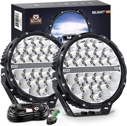 9-inch round off-road LED drive light, 2PCS 140W 15560LM IP68 multi-point floodlight combination work light, 12AWG DT connector harness kit for 4x4 Jeep Truck ATV UTV SUV, 5-year warranty