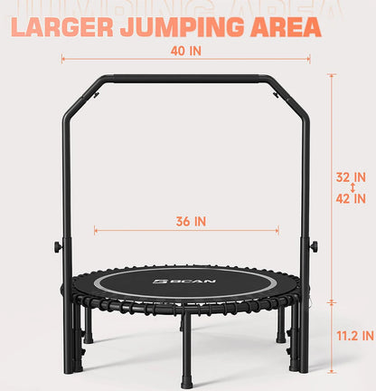 BCAN 450/550 LBS Foldable Mini Trampoline, 40"/48" Fitness Trampoline with Bungees, U Shape Adjustable Foam Handle, Stable & Quiet Exercise Rebounder for Adults Indoor/Outdoor Workout