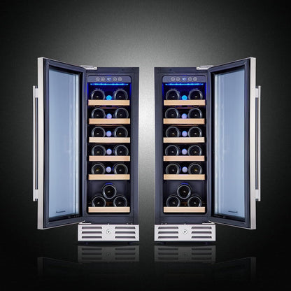 24 inch Wine Cooler, 46 Bottle - Dual Zone Built-in or Freestanding Fridge with Stainless Steel Reversible Glass Door, for Home, Kitchen, or Office.