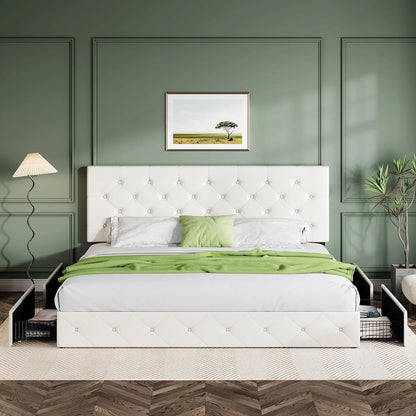 Allewie Upholstered Queen Size Platform Bed Frame with 4 Storage Drawers and Headboard, Square Stitched Button Tufted, Mattress Foundation with Wooden Slats Support, No Box Spring Needed, Light Grey