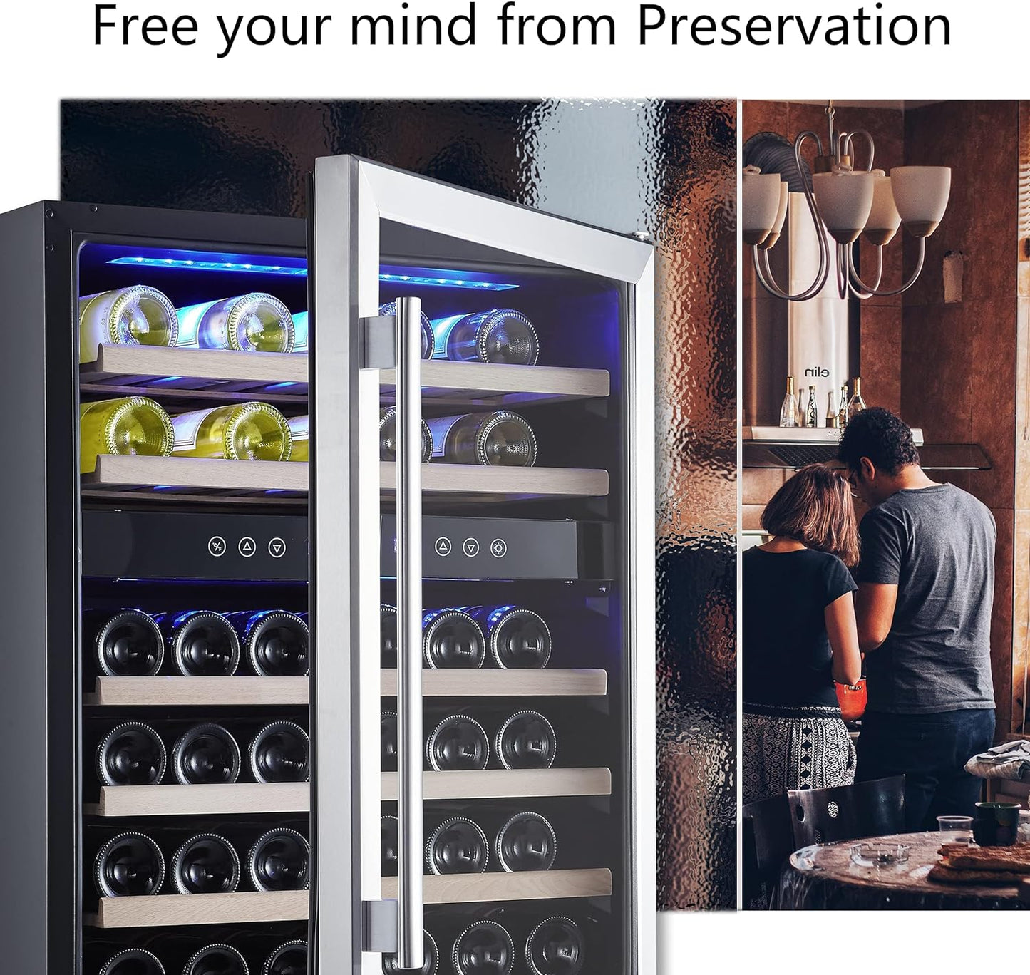 24 inch Wine Cooler, 46 Bottle - Dual Zone Built-in or Freestanding Fridge with Stainless Steel Reversible Glass Door, for Home, Kitchen, or Office.