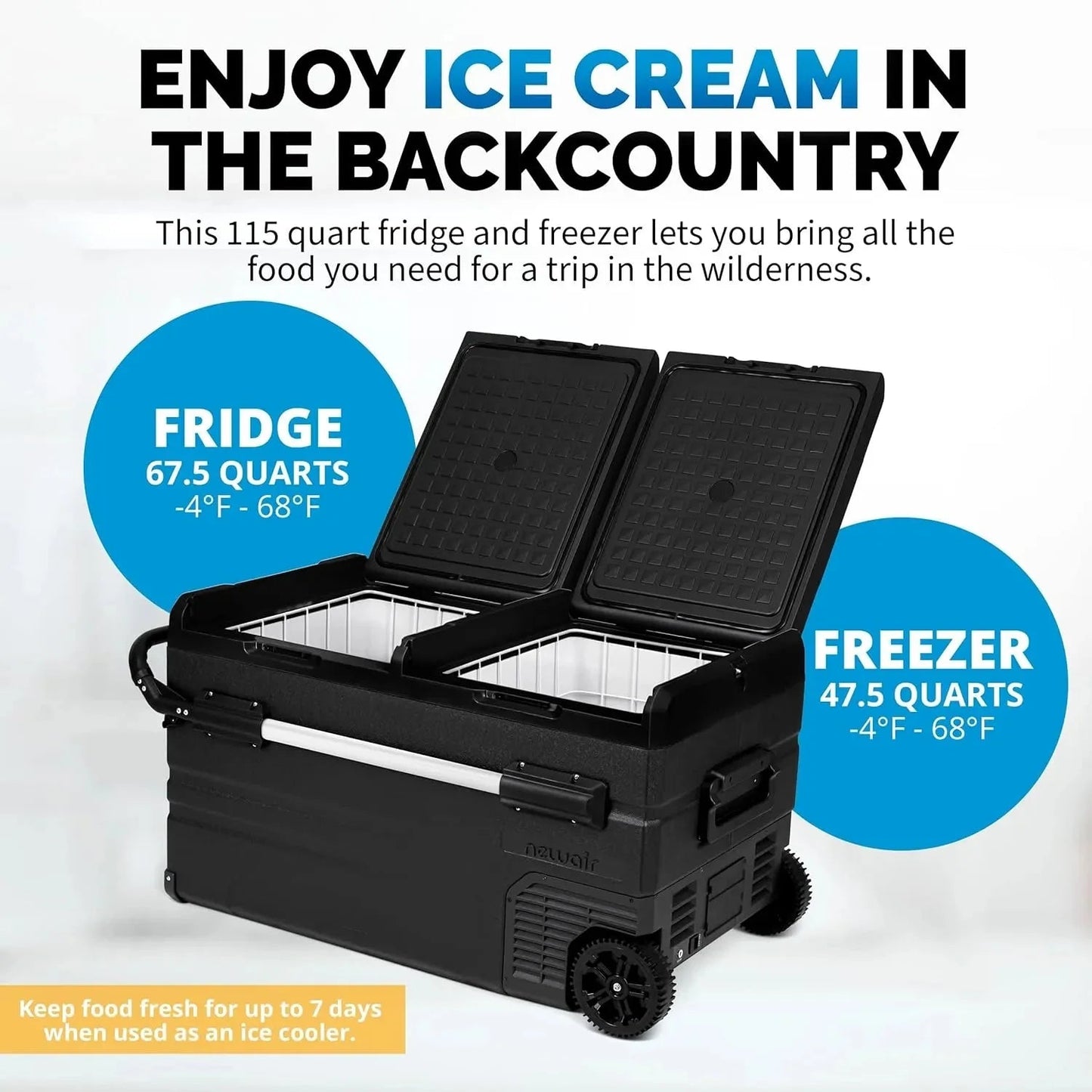 48 Qt. Portable 12v Electric Cooler with LG Compressor, Fridge and Freezer, Rugged Wheels, and Solar Power Input, Perfect Plug-In Cooler for Camping, Trucks, Travel, Car and Home