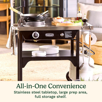 Cuisinart Outdoor Wok Station, 50,000 BTU Propane Outdoor Wok Burner w Prep Table, 14�测�� Carbon Steel Wok for Stir Fry, Searing, BBQ �� Black