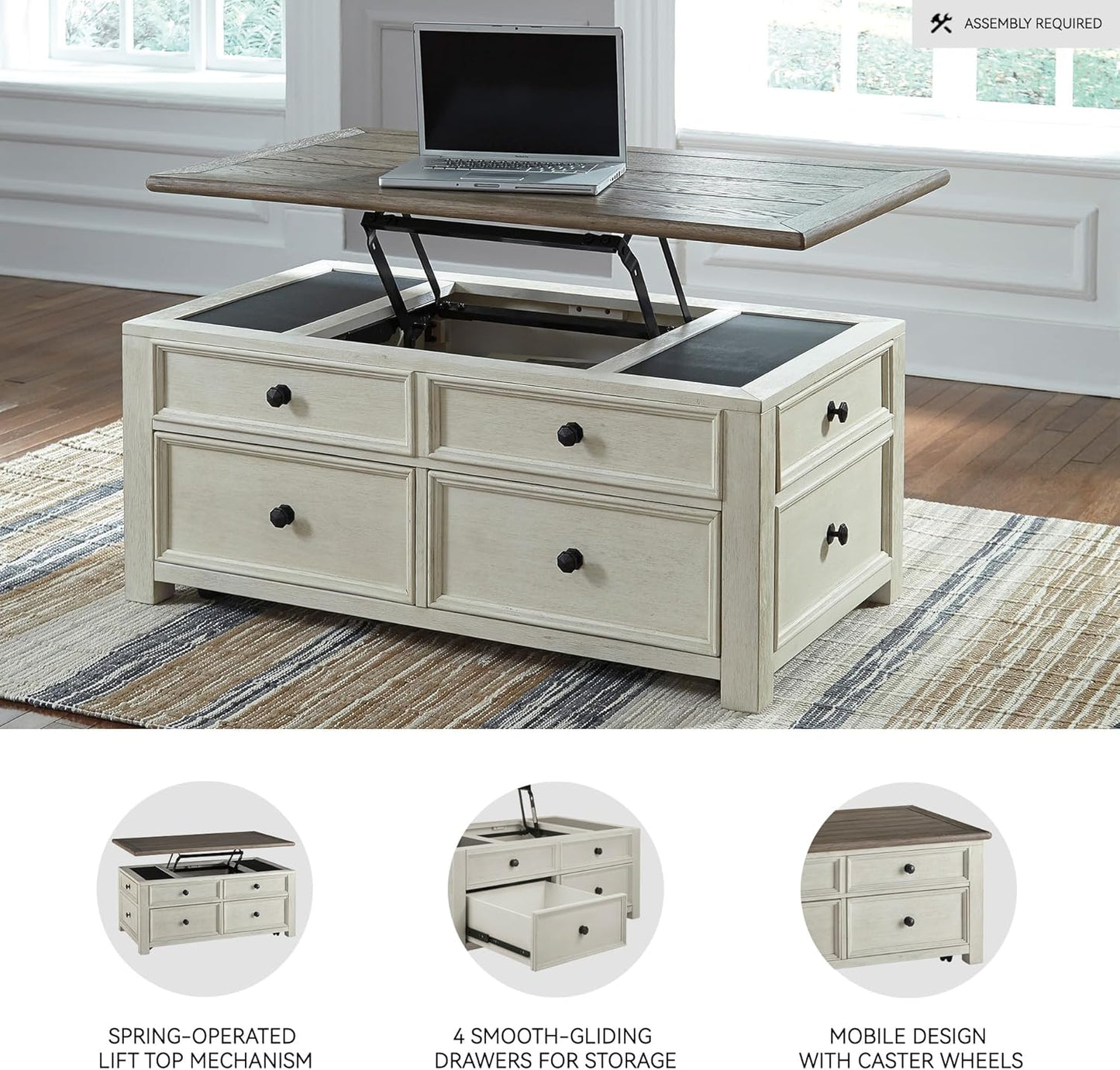 Ashley Bolanburg Lift Top Coffee Table with Drawers, Antique Cream & Brown