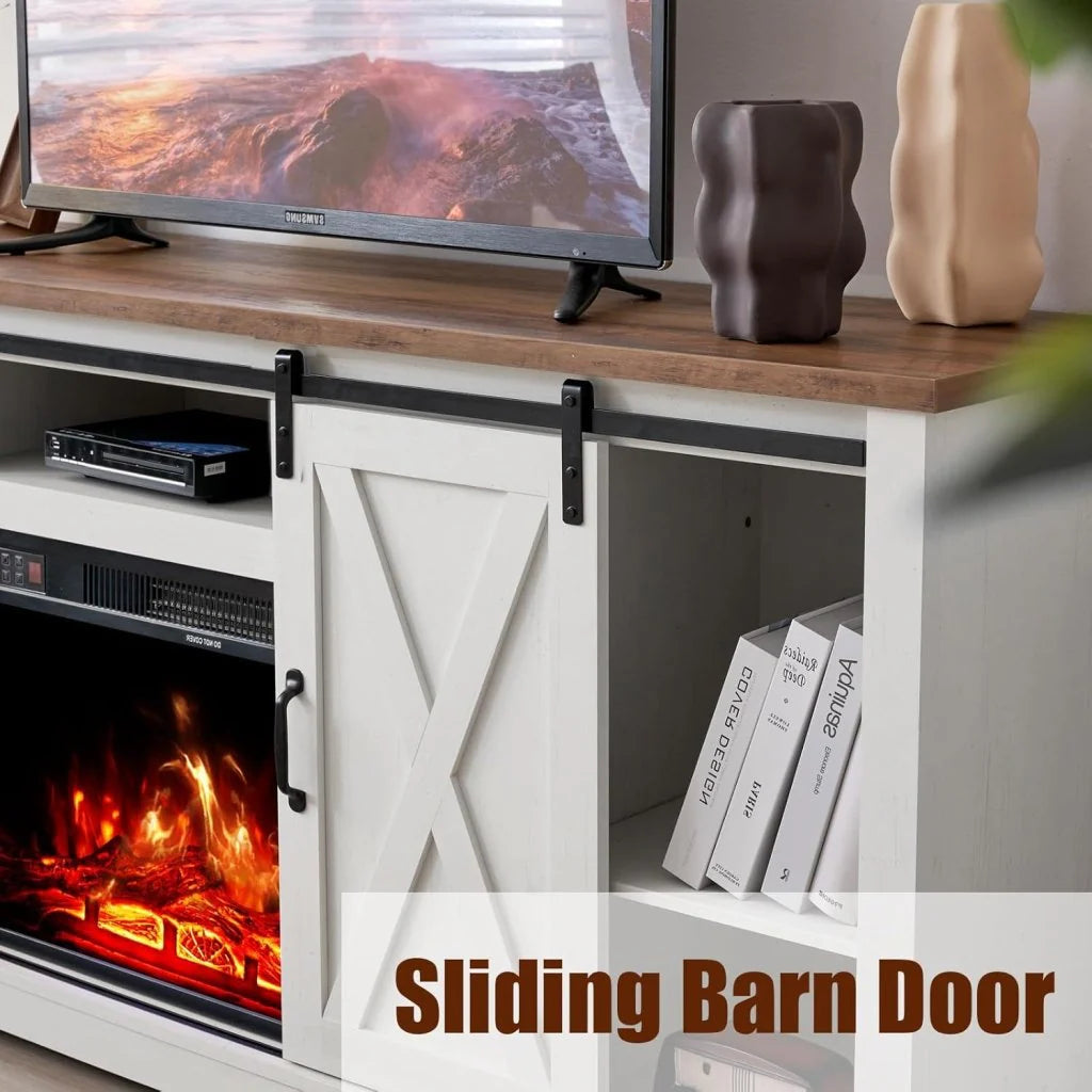 AMERLIFE Fireplace TV Stand with Sliding Barn Door for TVs up to 73", Farmhouse 63" Fireplace Entertainment Center with Storage Cabinets/Adjustable Shelves