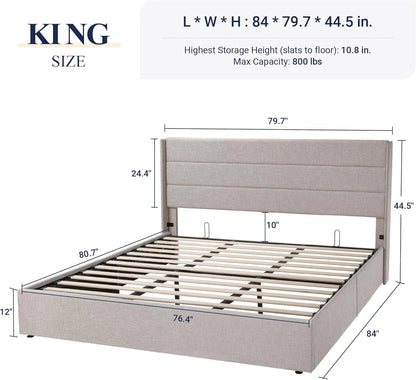 Allewie Queen Size Lift Up Storage Bed, Modern Wingback Headboard, Hydraulic Support, No Box Spring Needed, Light Beige