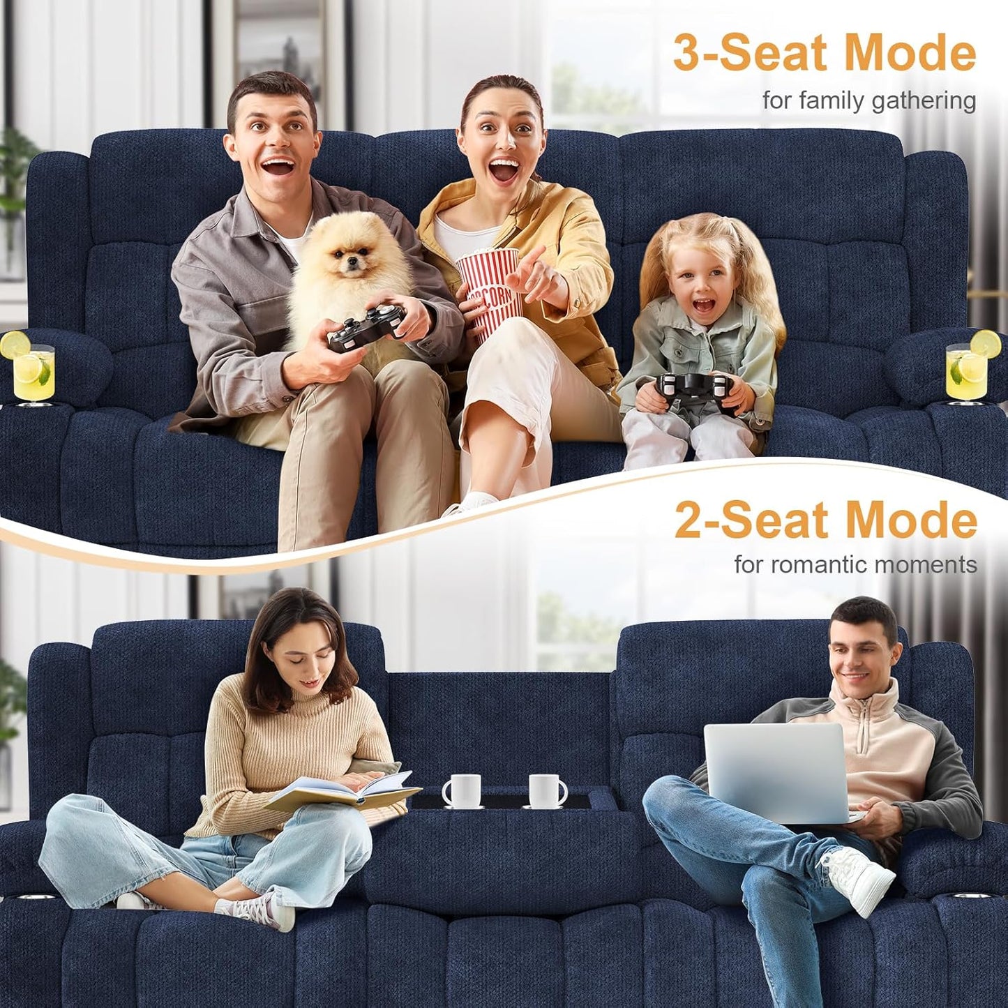 3 Seat Reclining Sofa with Storage Drawer USB Ports & Cup Holders Manual Couch