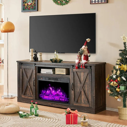 AMERLIFE Fireplace TV Stand with Sliding Barn Door for TVs up to 73", Farmhouse 63" Fireplace Entertainment Center with Storage Cabinets/Adjustable Shelves