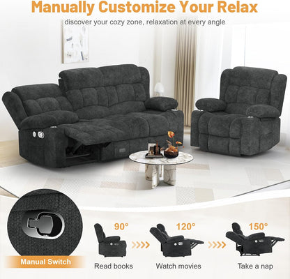 3 Seat Reclining Sofa with Storage Drawer USB Ports & Cup Holders Manual Couch
