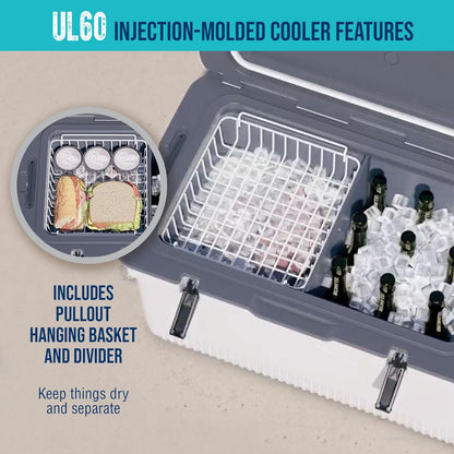 60 QT Ultra-Light Injection Molded Cooler - Ice Chest Keeps Ice up to 7 Days - Large Cooler Includes Wire Basket, Divider and Built-in Bottle Opener