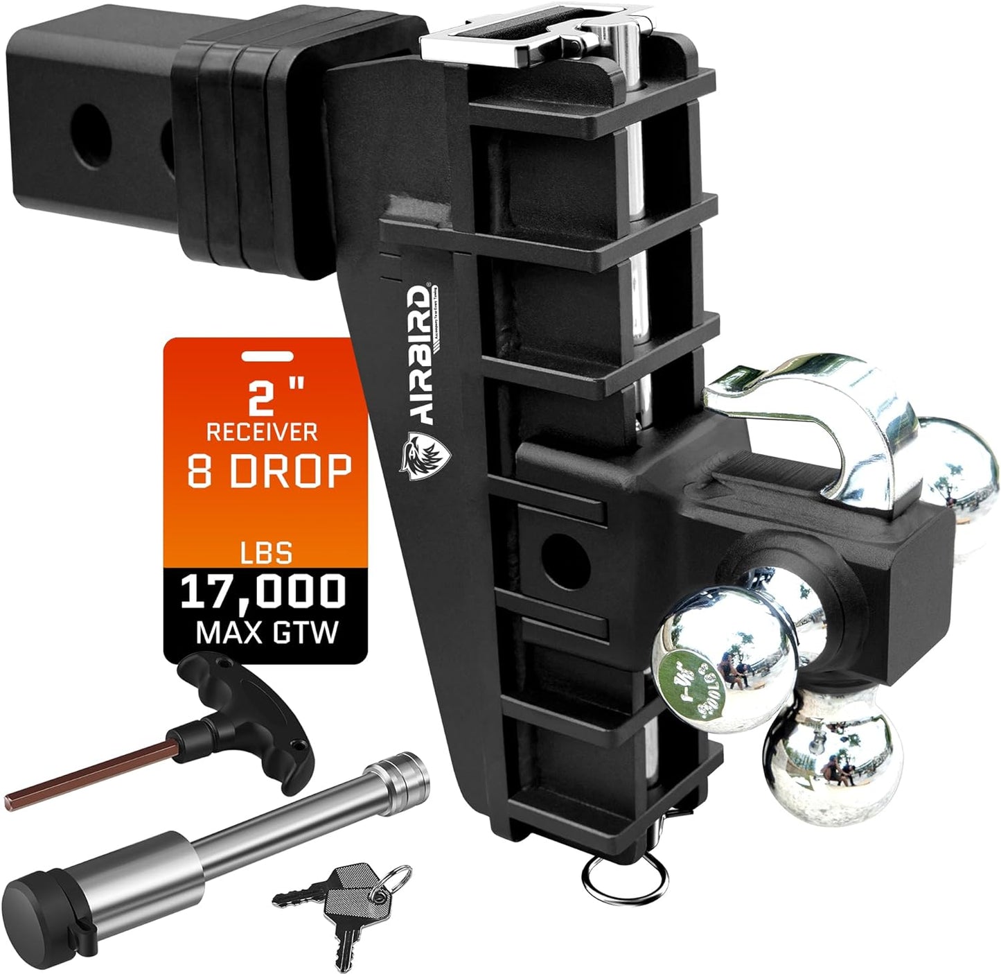 Adjustable Trailer Hitch Fits 2-Inch Receiver, Heavy Duty Tow Hitches (17000 LBS GTW) 6 Inch Drop Truck Hitch Tri-Ball Mount with Hook (1-7/8" x 2" x 2-5/16")