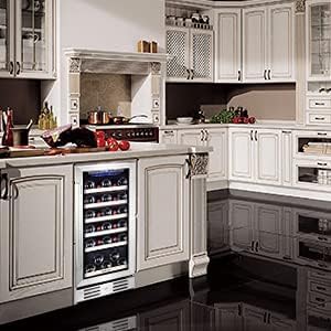 24 inch Wine Cooler, 46 Bottle - Dual Zone Built-in or Freestanding Fridge with Stainless Steel Reversible Glass Door, for Home, Kitchen, or Office.