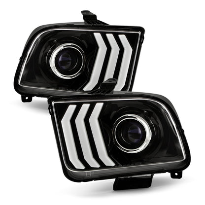 AKKON - Fits 2005-2009 Ford Mustang LED Tube DRL Parking Halogen Type Projector Black Headlights Pair Driver+Passenger