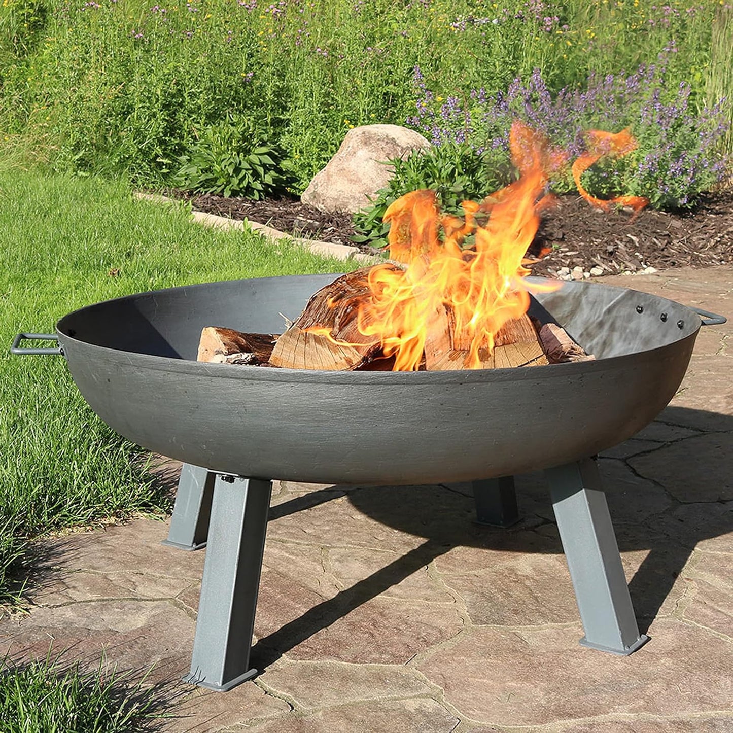 34-Inch Rustic Cast Iron Outdoor Raised Fire Pit Bowl with Handles - Oxidized Finish