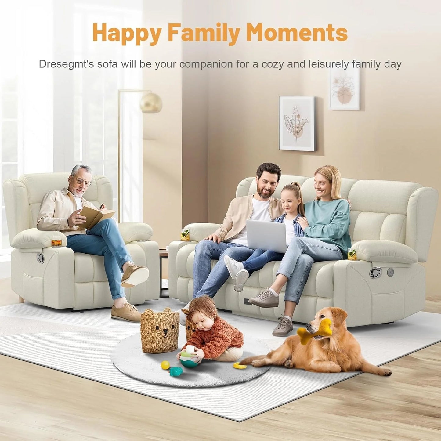 3 Seat Reclining Sofa with Storage Drawer USB Ports & Cup Holders Manual Couch