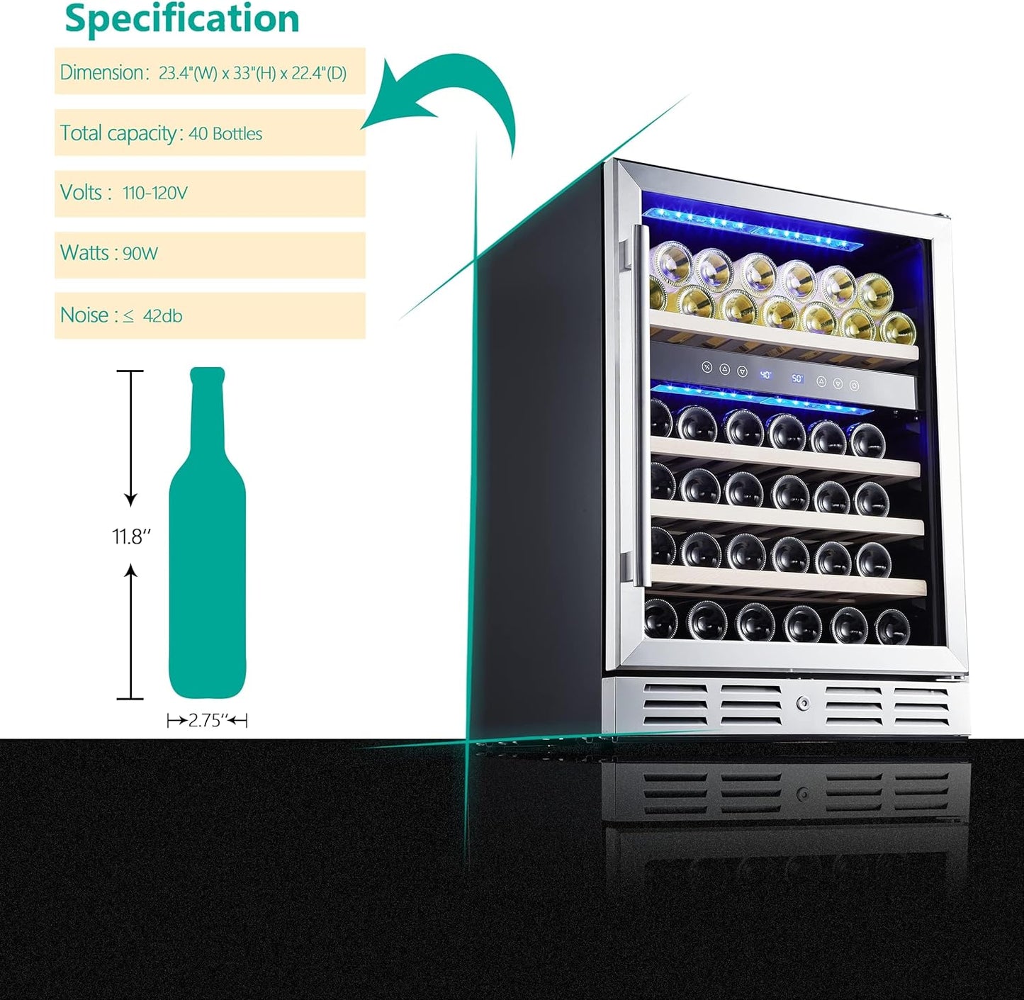 24 inch Wine Cooler, 46 Bottle - Dual Zone Built-in or Freestanding Fridge with Stainless Steel Reversible Glass Door, for Home, Kitchen, or Office.