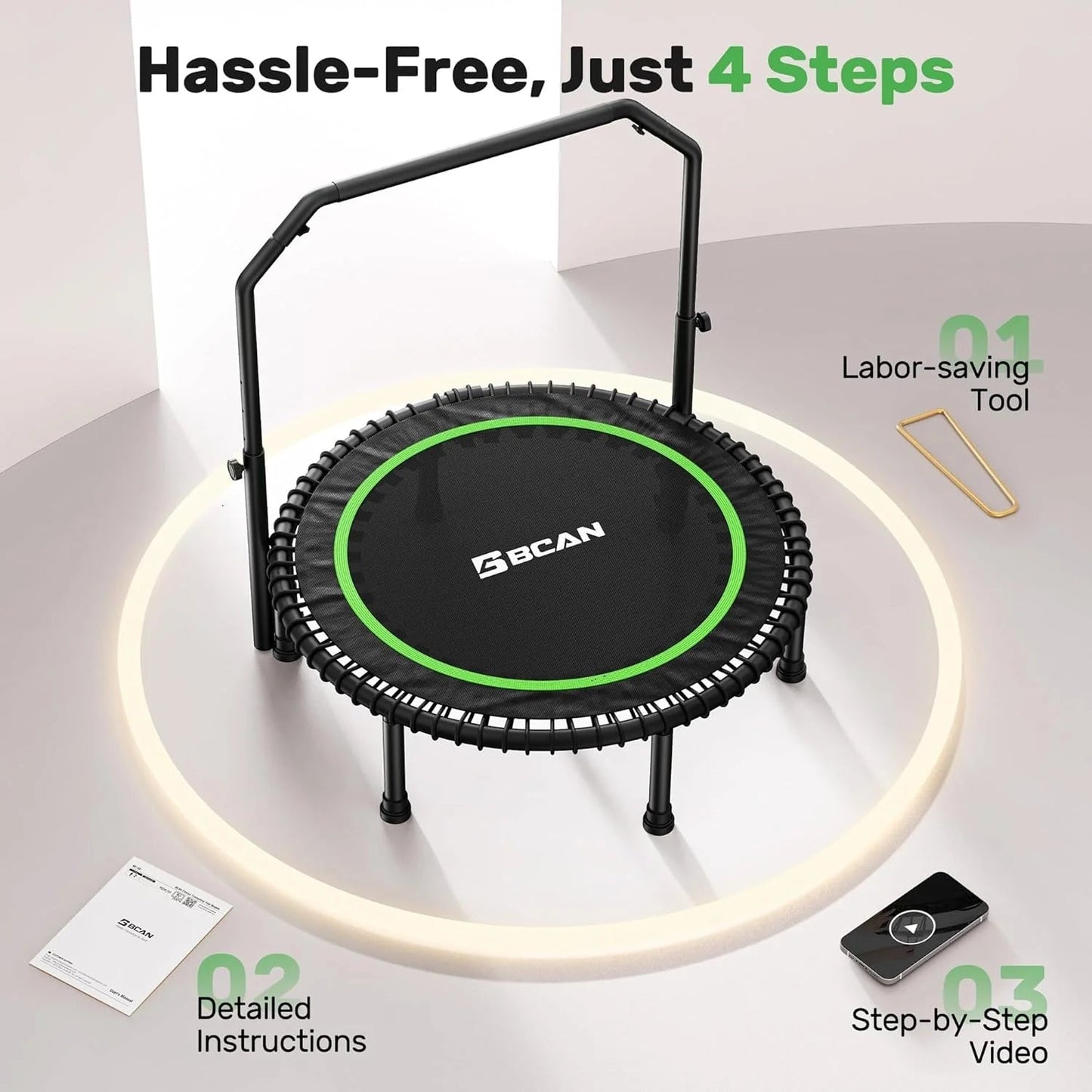 BCAN 450/550 LBS Foldable Mini Trampoline, 40"/48" Fitness Trampoline with Bungees, U Shape Adjustable Foam Handle, Stable & Quiet Exercise Rebounder for Adults Indoor/Outdoor Workout