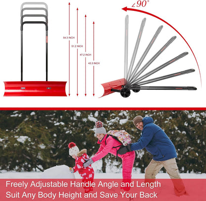 38 Inch Snow Shovel for Driveway,Bi-Direction Heavy Duty Snow Pusher with Wheels and Angled Blade for Efficient Snow Removal, Back Saver Snow Plow for Dorway Sidewalk - Big Wheels