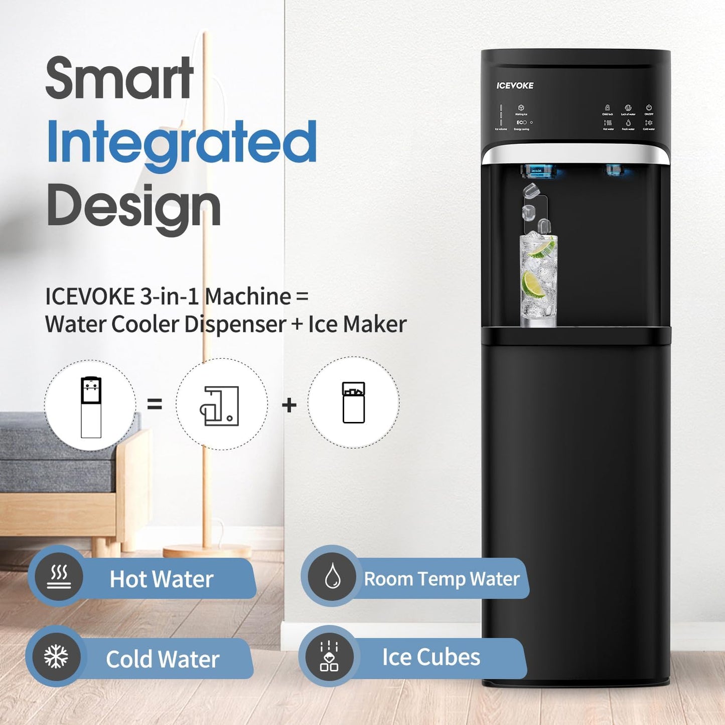 Self-Cleaning Water Dispenser with Ice Maker, Bottom Load, Black