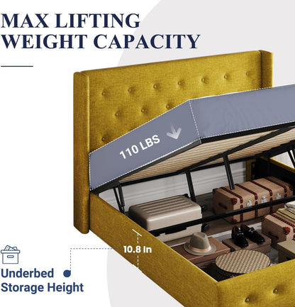 Allewie Queen Size Lift Up Storage Bed, Modern Wingback Headboard, Hydraulic Support, No Box Spring Needed, Light Beige