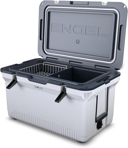 60 QT Ultra-Light Injection Molded Cooler - Ice Chest Keeps Ice up to 7 Days - Large Cooler Includes Wire Basket, Divider and Built-in Bottle Opener
