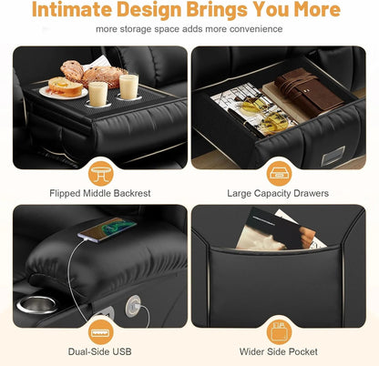 3 Seat Reclining Sofa with Storage Drawer USB Ports & Cup Holders Manual Couch
