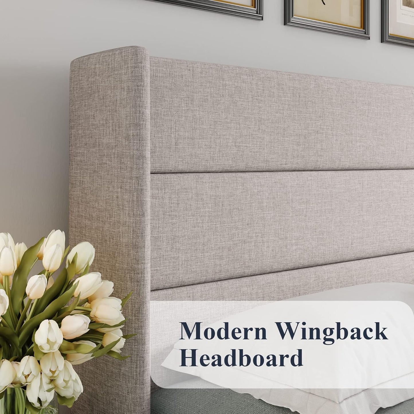Allewie Queen Size Lift Up Storage Bed, Modern Wingback Headboard, Hydraulic Support, No Box Spring Needed, Light Beige