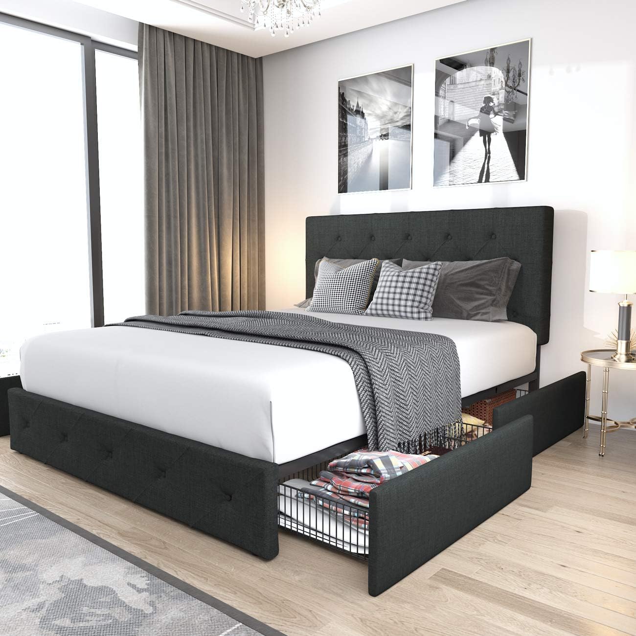 Allewie Upholstered Queen Size Platform Bed Frame with 4 Storage Drawers and Headboard, Square Stitched Button Tufted, Mattress Foundation with Wooden Slats Support, No Box Spring Needed, Light Grey