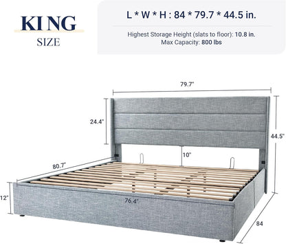 Allewie Queen Size Lift Up Storage Bed, Modern Wingback Headboard, Hydraulic Support, No Box Spring Needed, Light Beige