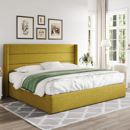 Allewie Queen Size Lift Up Storage Bed, Modern Wingback Headboard, Hydraulic Support, No Box Spring Needed, Light Beige