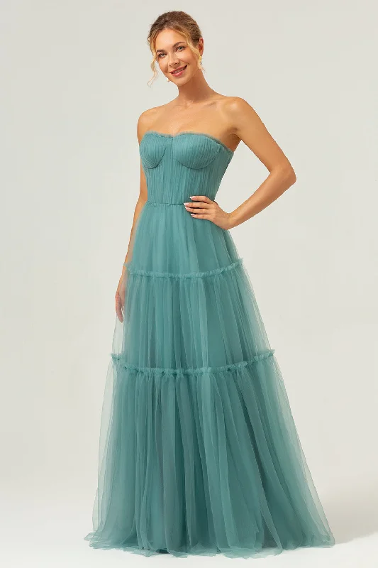 Chic, modern fashion for empowered women   A-Line Strapless Corset Tulle Eucalyptus Bridesmaid Dress