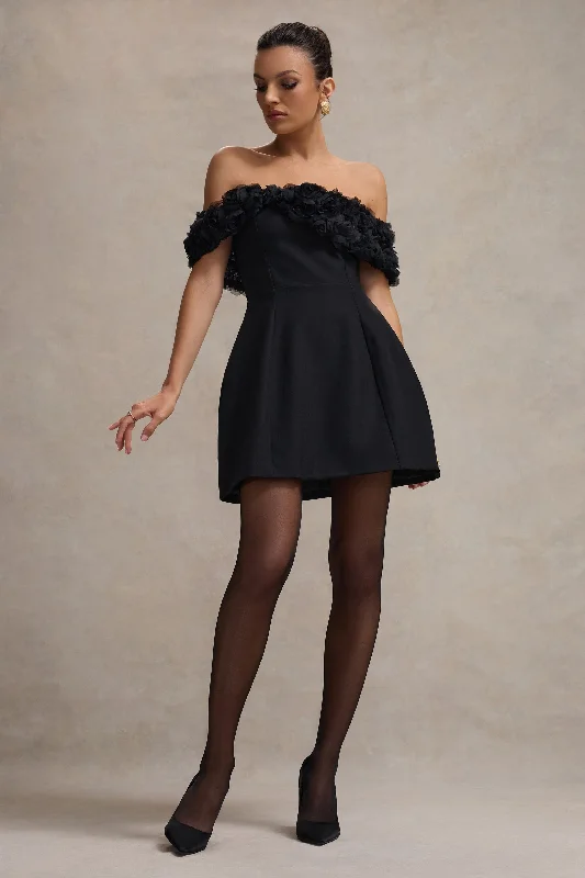 Affordable fashion that looks high-end   Micro Muse | Black Floral Bardot Mini Dress
