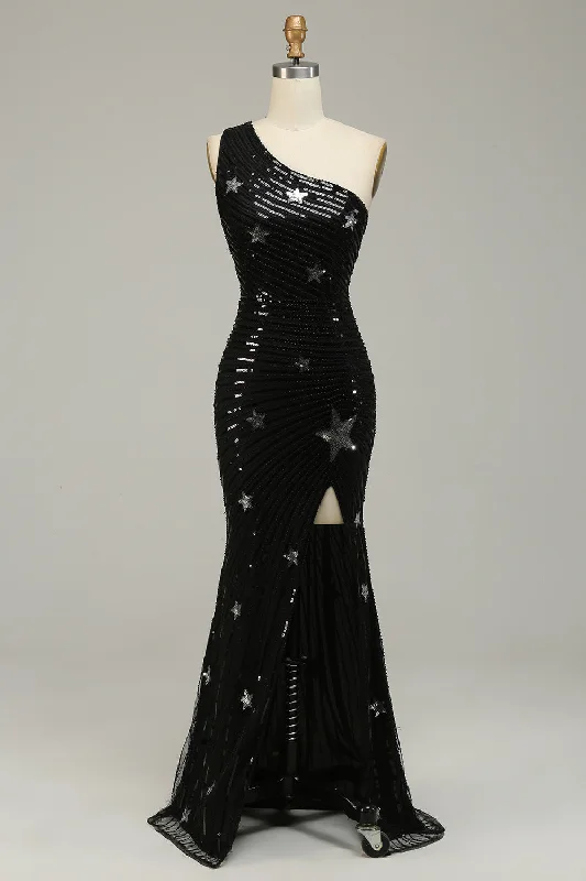 Curated collections of sophisticated women’s wear Sequins Mermaid One Shoulder Black Long Prom Dress with Star Curated collections of sophisticated women’s wear Sequins Mermaid One Shoulder Black Long Prom Dress with Star