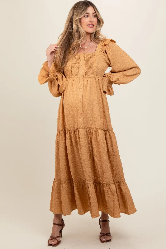 Chic, modern looks for the stylish woman Camel Button Pleated Front Square Neck Ruffle Tiered Maternity Maxi Dress Chic, modern looks for the stylish woman Camel Button Pleated Front Square Neck Ruffle Tiered Maternity Maxi Dress