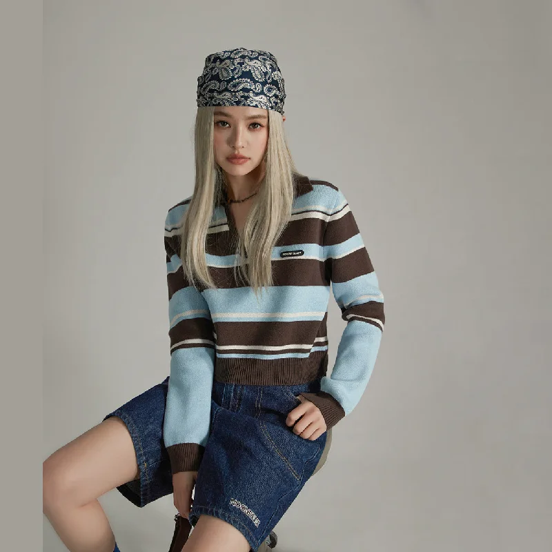 Sustainable fashion for stylish women   Open Collar Stripe Color Knit Sweater