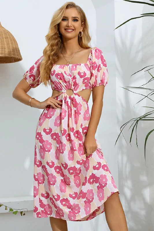 Effortlessly chic fashion for today’s woman   Floral Cutout Square Neck Puff Sleeve Dress