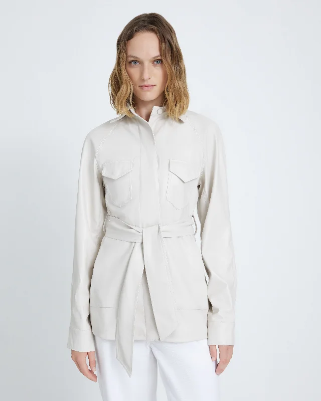 Step up your style with trendy women’s clothing Faux Leather Belted Safari Jacket in Antique White Step up your style with trendy women’s clothing Faux Leather Belted Safari Jacket in Antique White