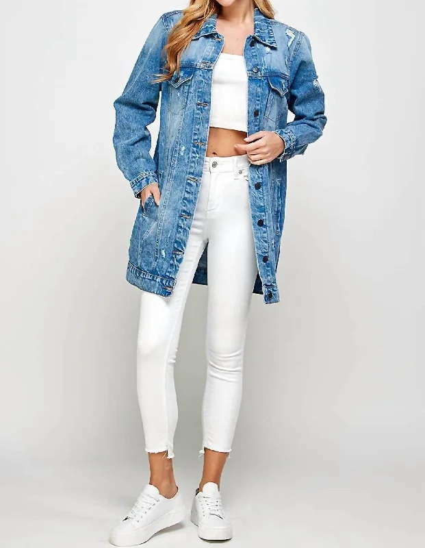 Elevate your look with premium women’s wear Mid Length Distressed Denim Jacket In Acid Washed Elevate your look with premium women’s wear Mid Length Distressed Denim Jacket In Acid Washed