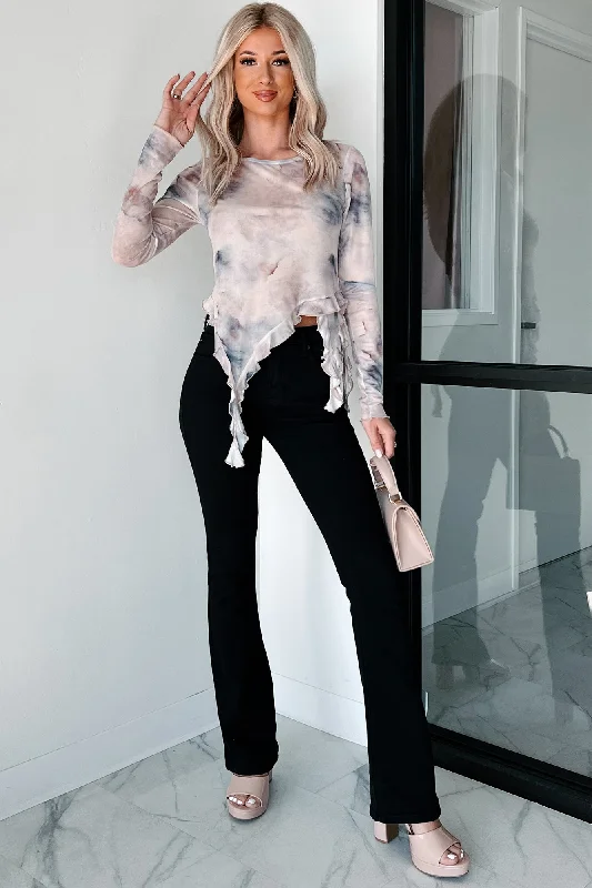 Stylish clothing designed to flatter every woman   Artistic Expression Ruffle Mesh Top (Grey/Mauve)