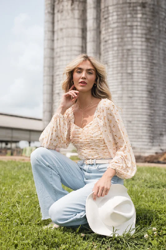 Trendy women’s clothing    Show Me The Way Tan Ruched Balloon Sleeve Floral Bodysuit