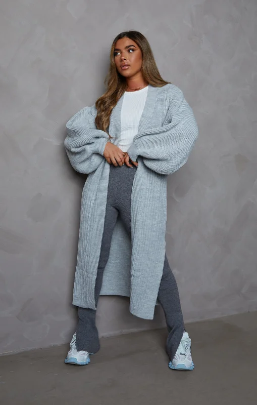 Dress up or down with these versatile pieces Grey Knitted Balloon Sleeve Side Split Longline Midi Cardigan- Emmy Dress up or down with these versatile pieces Grey Knitted Balloon Sleeve Side Split Longline Midi Cardigan- Emmy