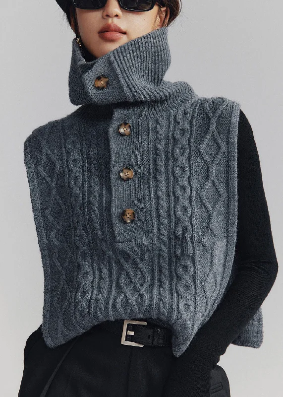 Feminine and fashionable clothing for every wardrobe   French Dark Gray Turtleneck Button Cable Knit Waistcoat Sleeveless